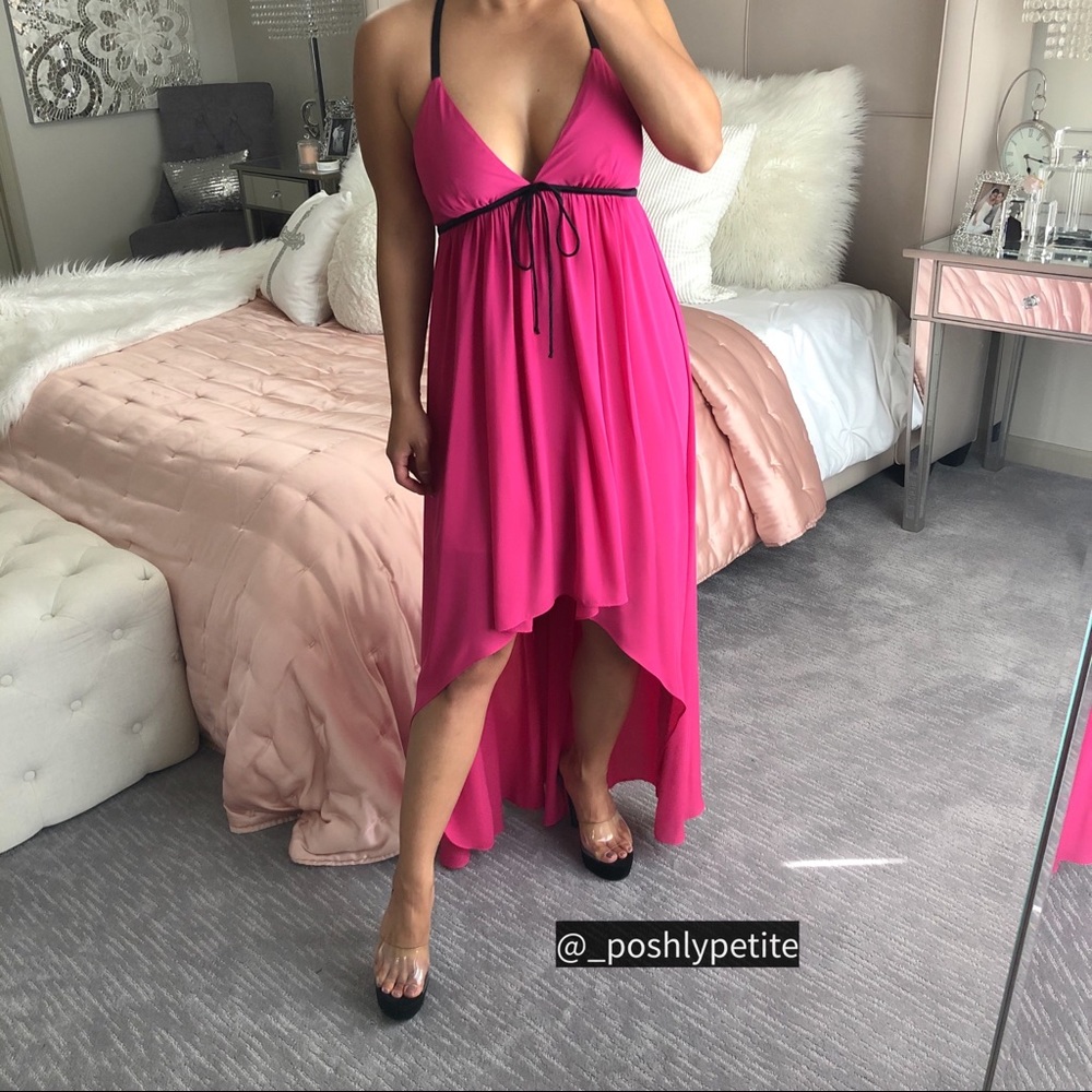 Bebe pink casual crochet  back high low maxi dress